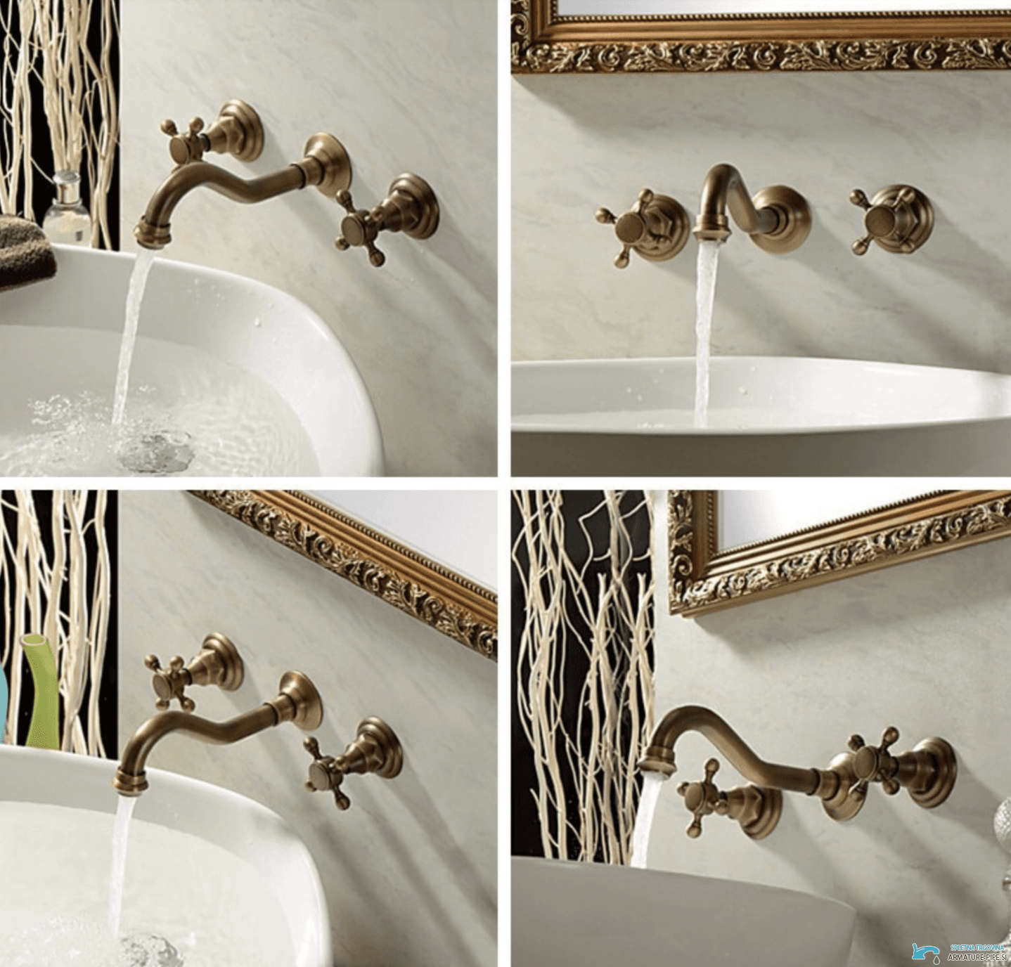 Rubinetto bagno retrò AQ0732 sopra un lavabo su una parete in pietra chiara