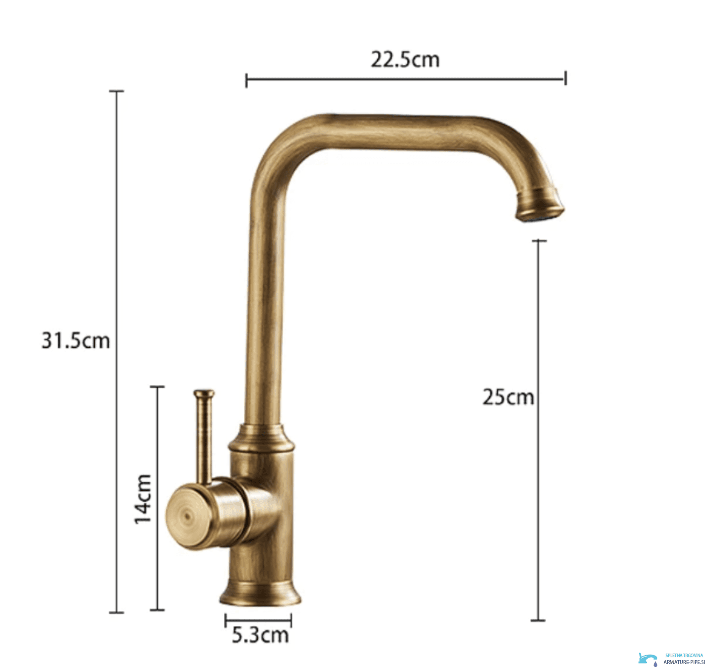 Dimensioni del rubinetto vintage AQ1829 (altezza 31,5 cm, sporgenza 22,5 cm)