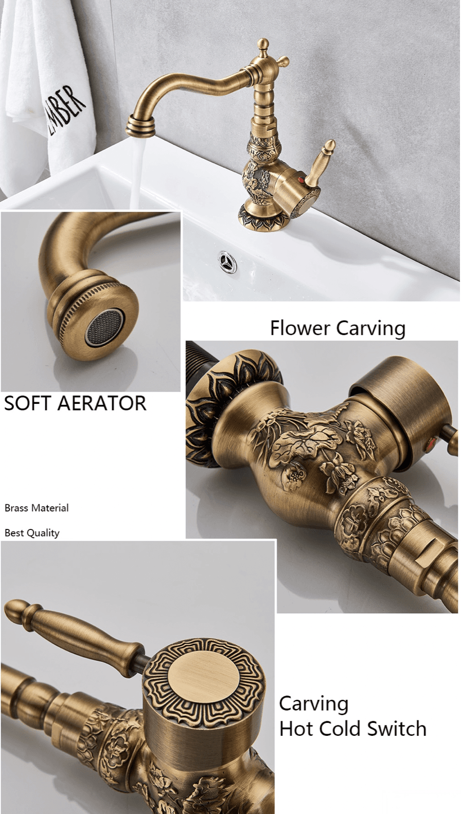 Rubinetto lavabo anticato AQB1600 con finitura in ottone patinato