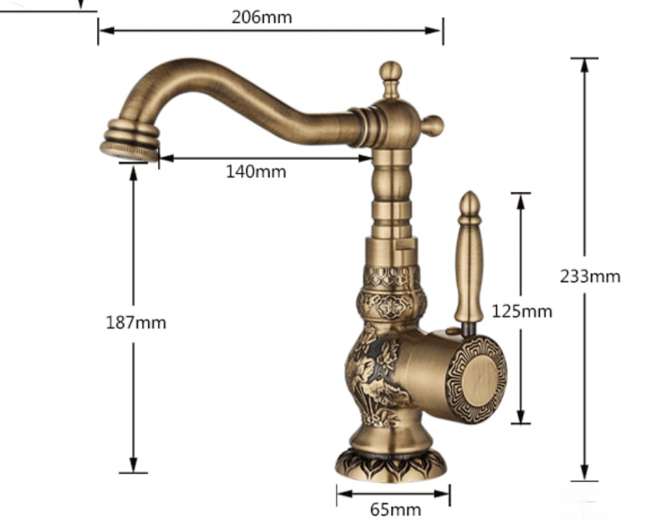 Disegno tecnico del rubinetto lavabo AQB1600, alto 233 mm e largo 206 mm
