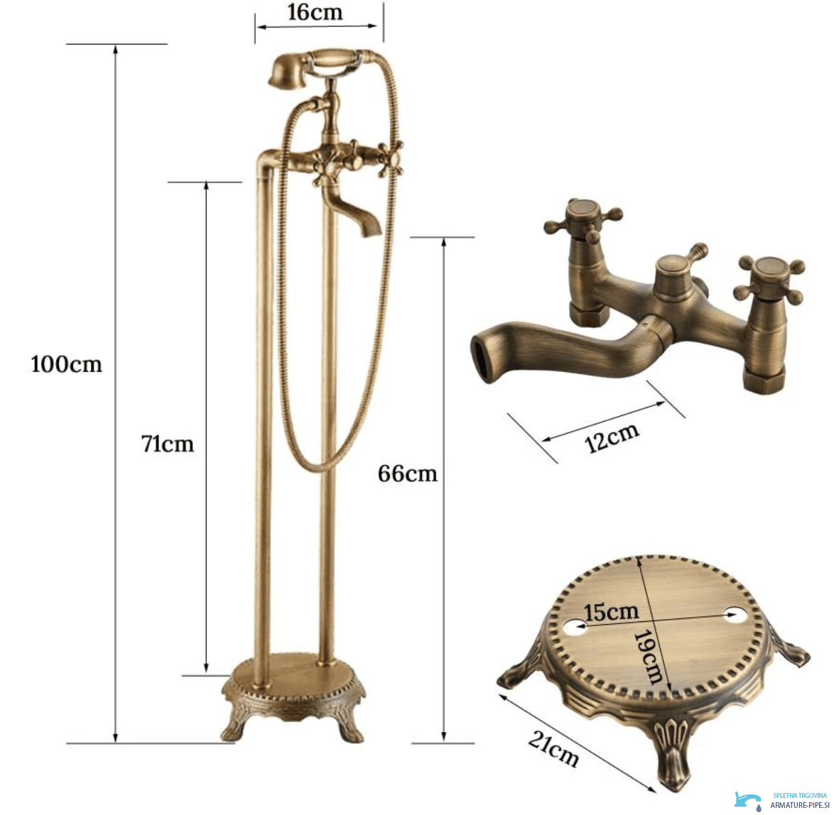 Specifiche del rubinetto freestanding per vasca AQF2016: altezza 100 cm e base da 21 cm