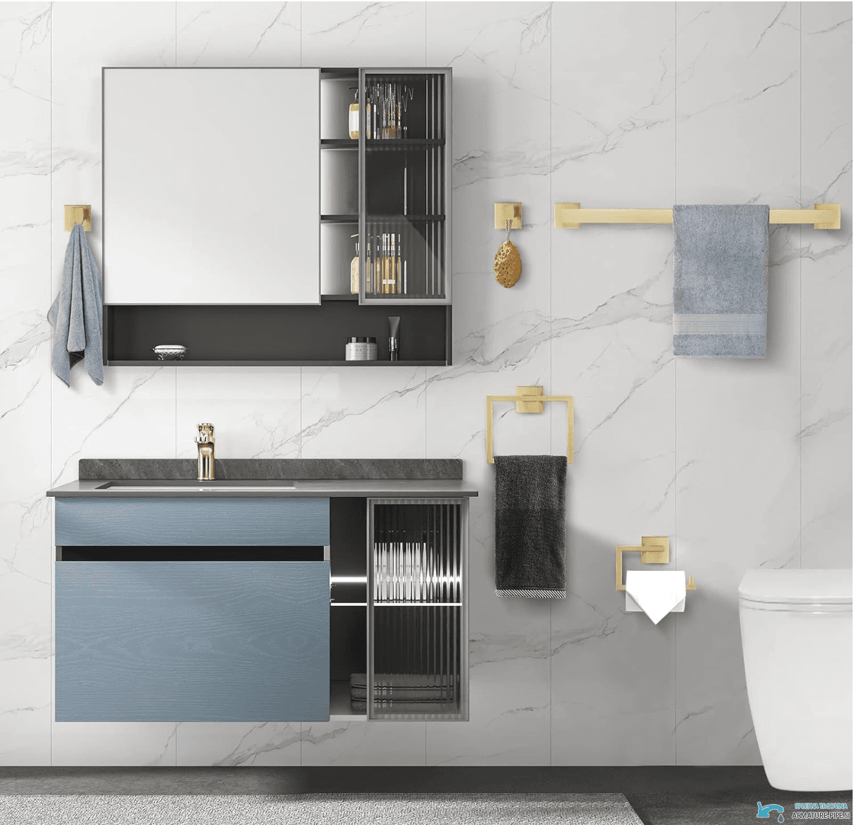 Set di accessori da bagno a parete EYN BA1214 in acciaio inox oro spazzolato — vista 1