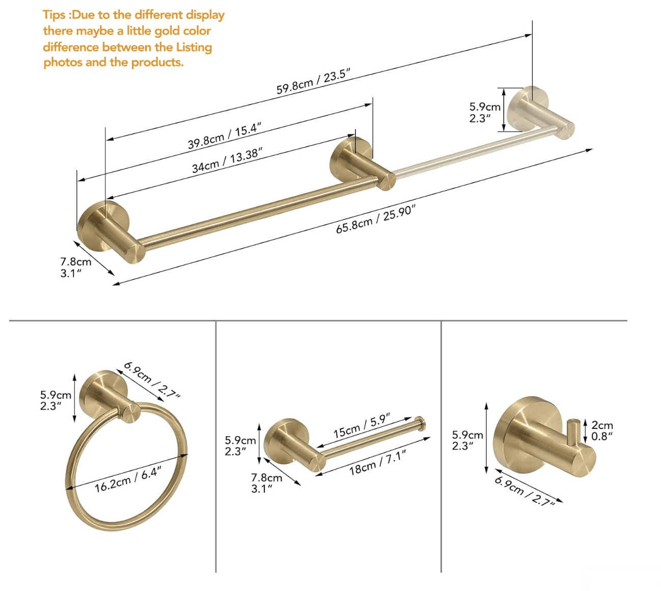Set di accessori da bagno EYN BA1308 in acciaio inox, finitura oro spazzolato