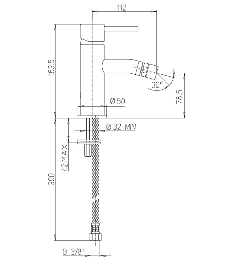 Disegno tecnico del rubinetto per bidet BB1402 (163,5 mm, G 3/8 pollici)