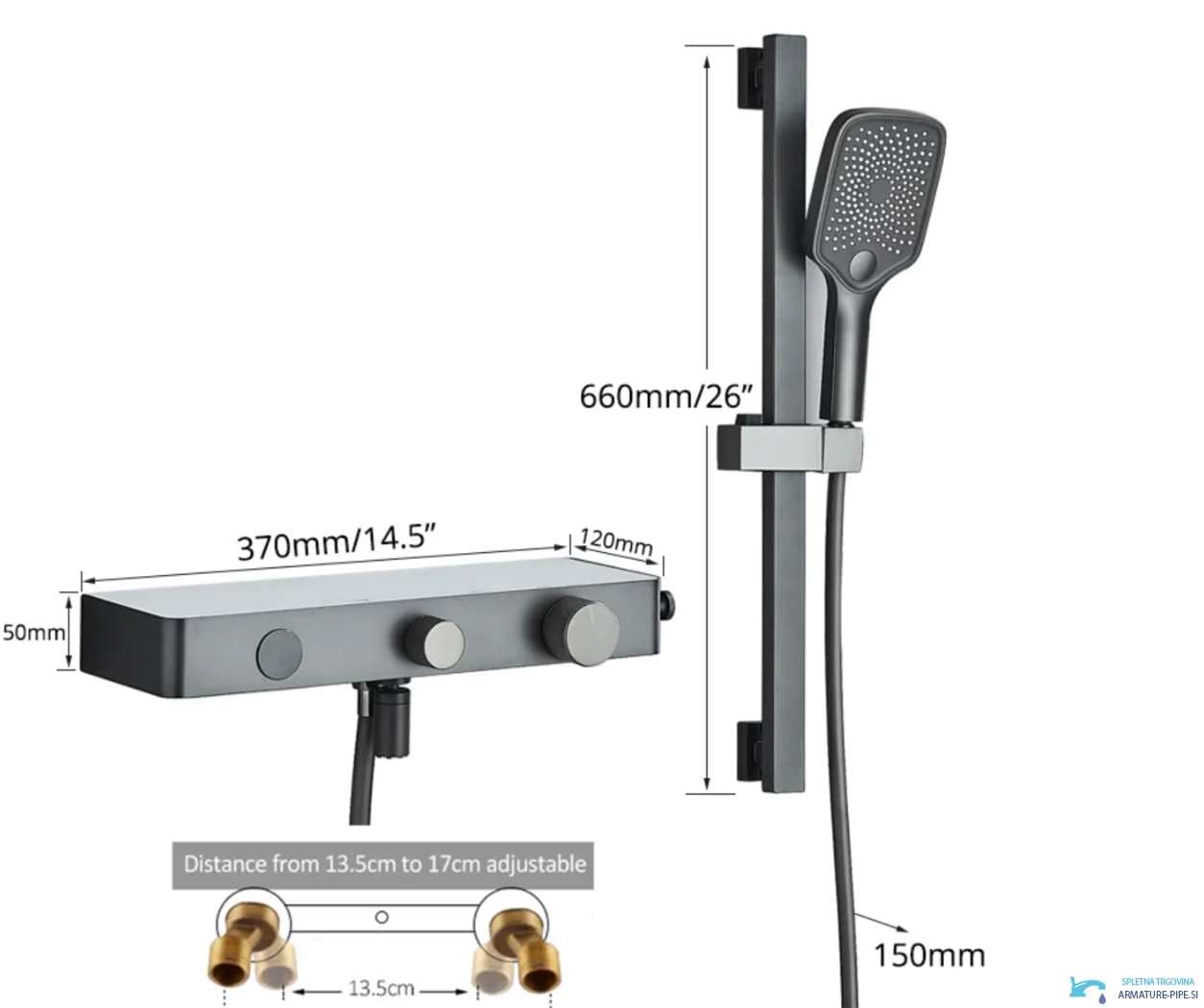Technische Zeichnung der Luxus-Badarmatur BBT1429 (370 × 120 × 50 mm, Duschstange 660 mm)