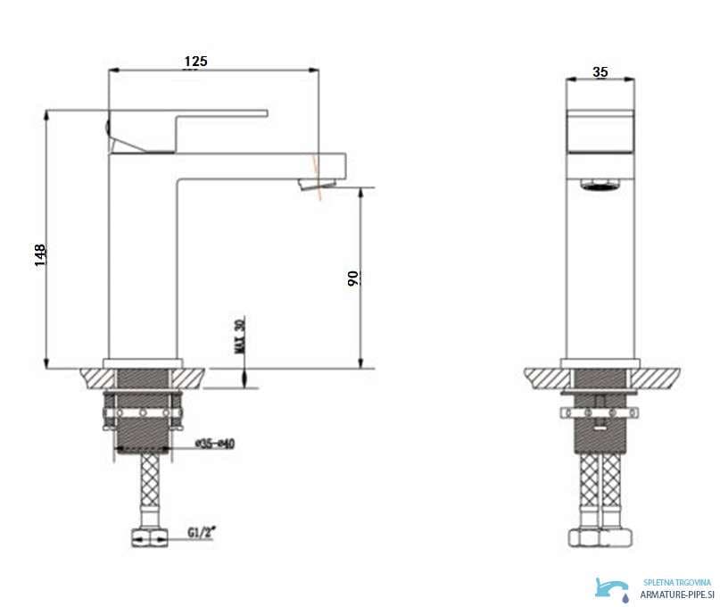 Disegno tecnico del rubinetto bagno BC1320 (148 × 125 × 35 mm, G1/2)