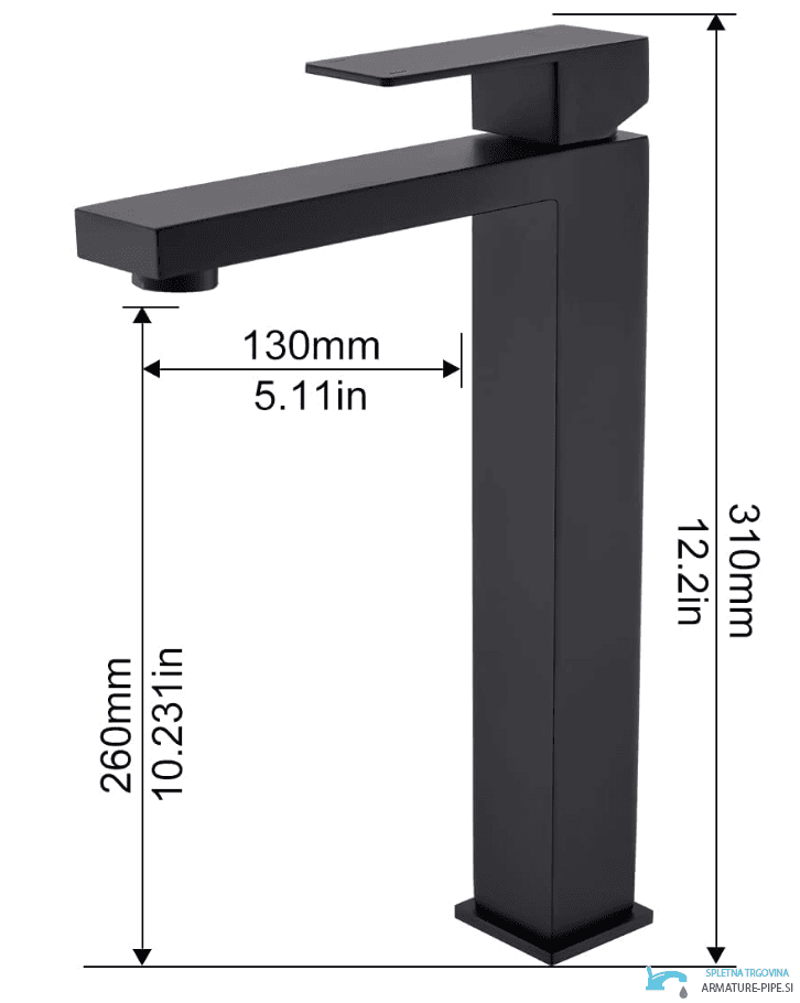 Misure del rubinetto nero BC1320: altezza 310 mm, bocca 260 mm e sporgenza 130 mm