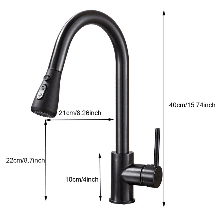 Disegno tecnico del miscelatore BI1410: altezza 40 cm, sporgenza 21 cm e altezza bocca 22 cm