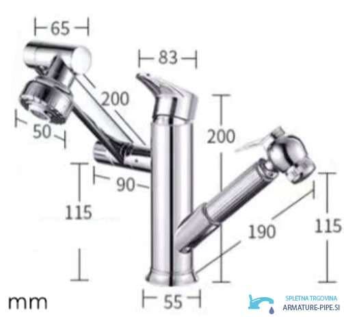 Disegno tecnico del miscelatore EYN BIO1546, altezza 200 mm e base 55 mm