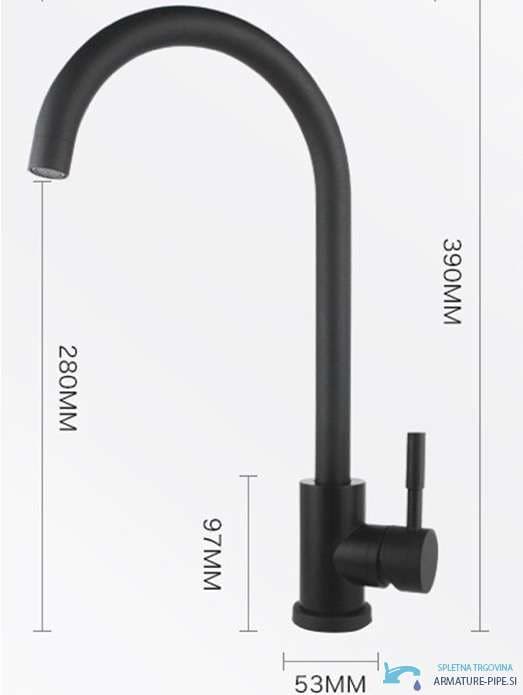 Disegno tecnico del rubinetto BK1343 con altezza di 390 mm e bocca alta 280 mm