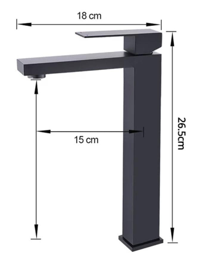 Specifiche del miscelatore lavabo EYN BS1103: altezza 26,5 cm, lunghezza 18 cm e sporgenza 15 cm