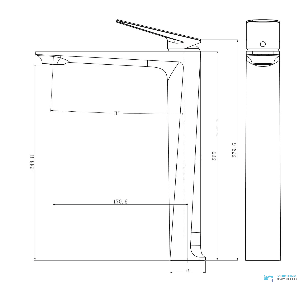 Disegno tecnico miscelatore per lavabo ELITE EDITION BS1910 (279,6 mm, sporgenza 170,6 mm)