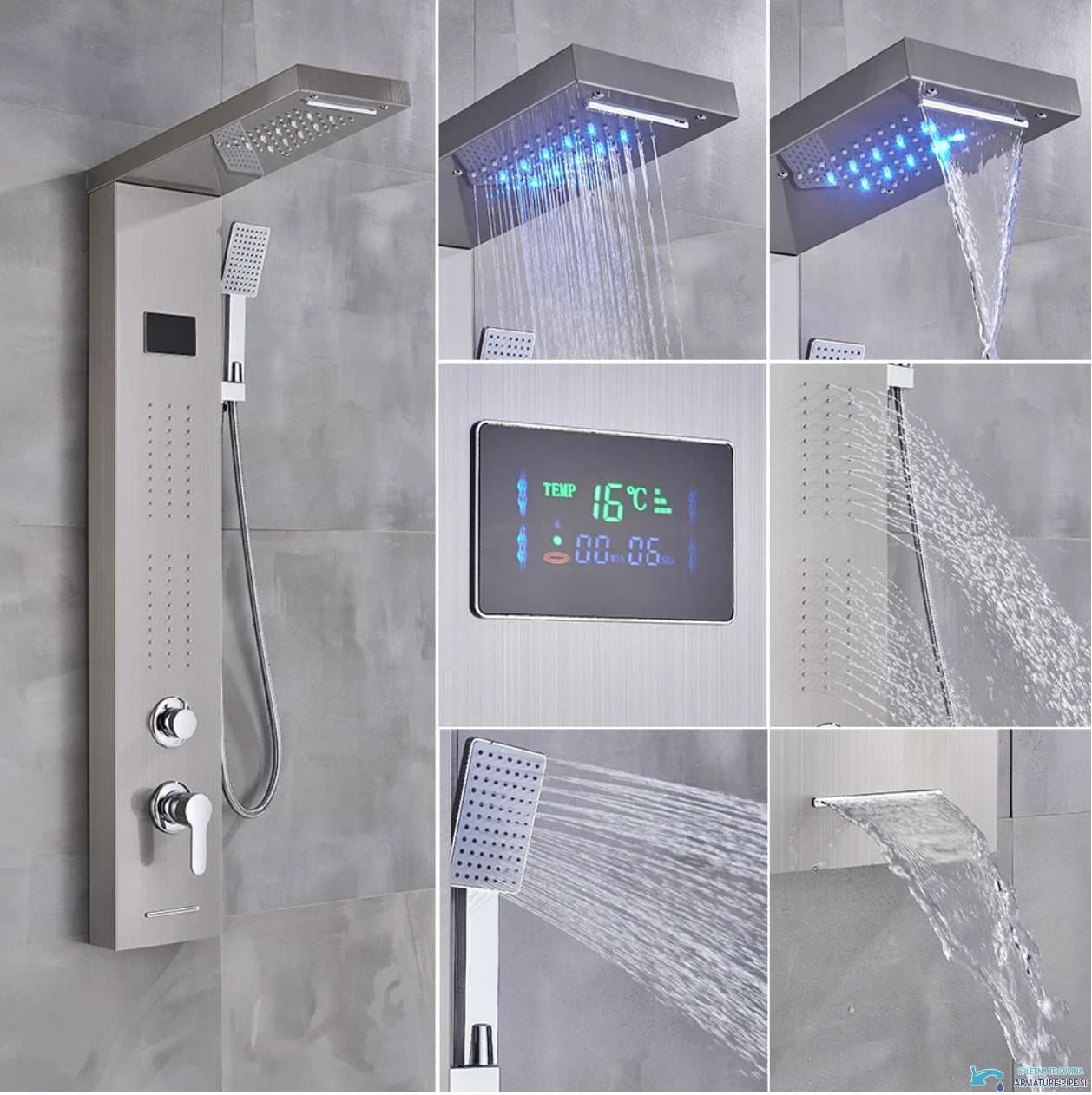 Pannello doccia LED BSP1912, finitura spazzolata e cinque funzioni
