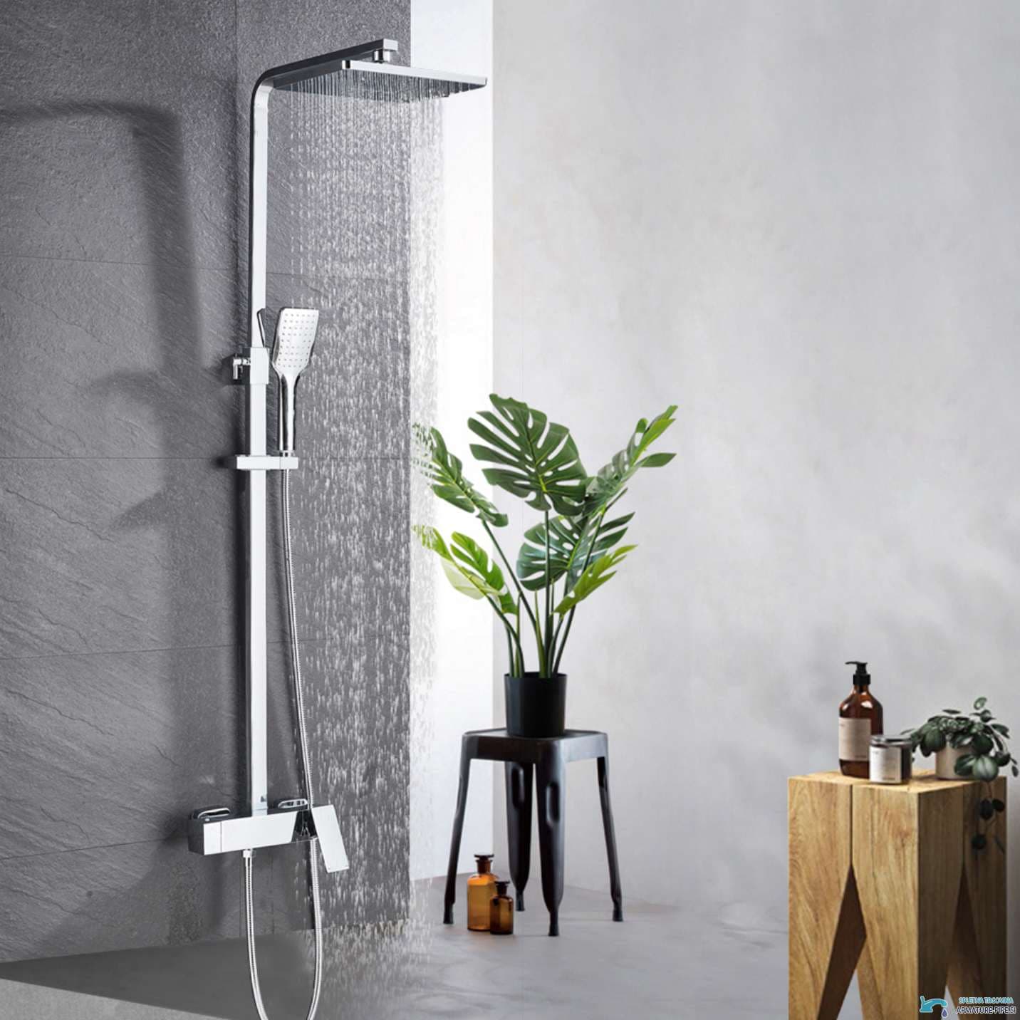 Sistema doccia da incasso EYN BT1048 in uso: bagno moderno con parete grigia