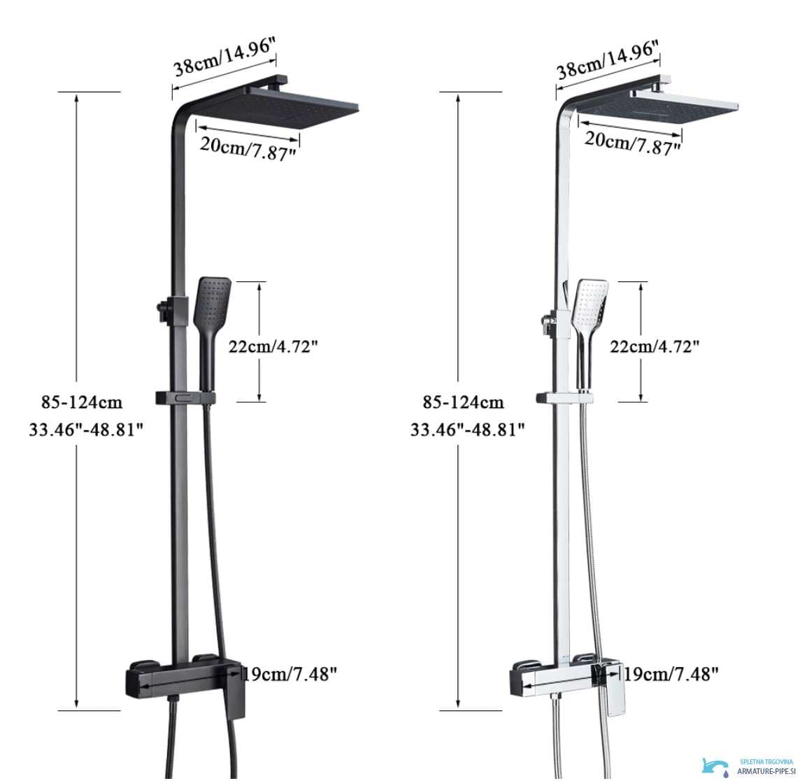 Disegno tecnico sistema doccia esterno BT1048 (85-124 cm, soffione 20 cm)