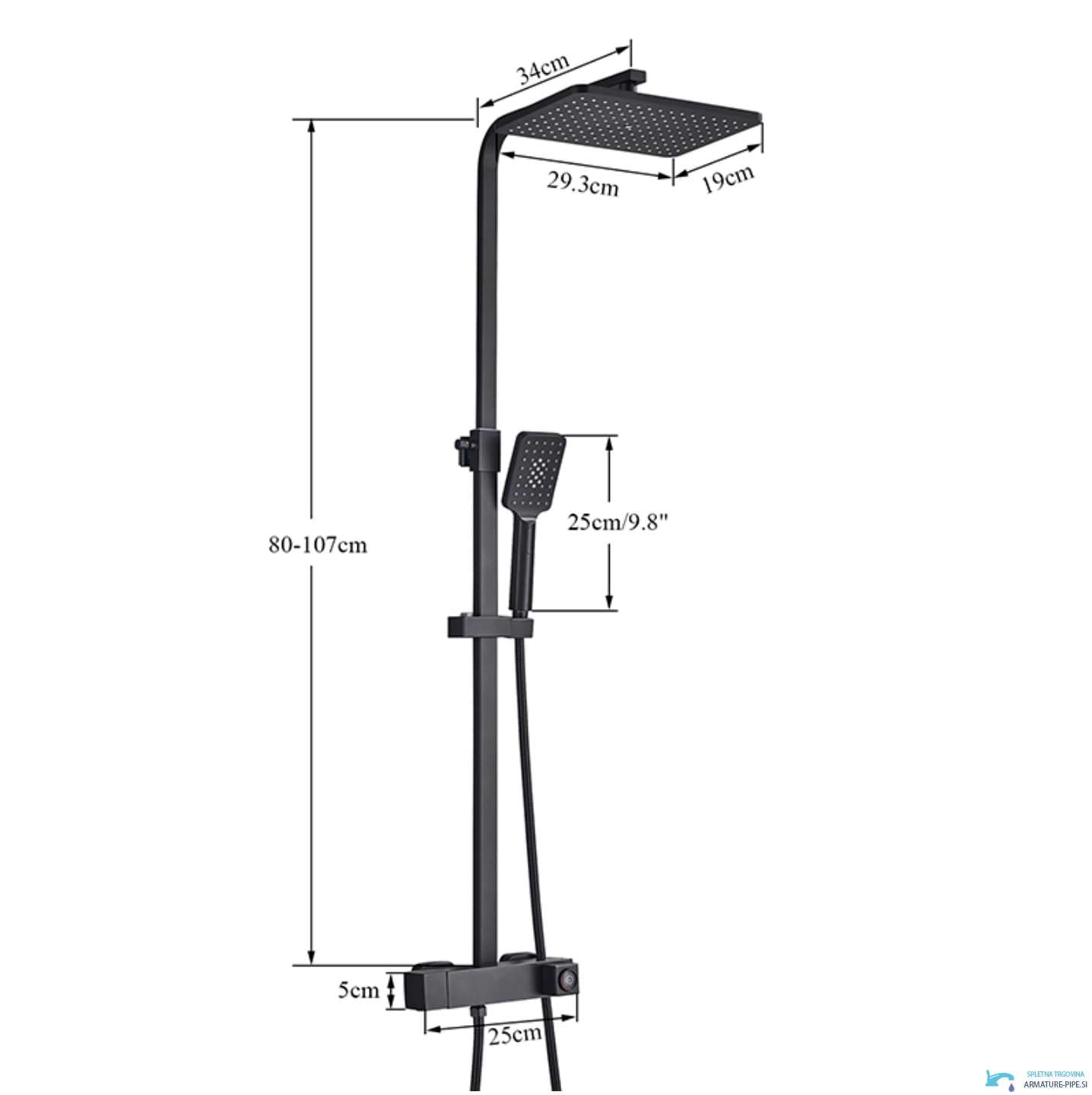 Disegno tecnico sistema doccia esterno BT1048 nero opaco (80-107 cm, soffione 29,3×19 cm)