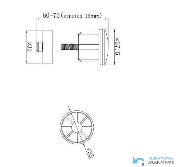 Disegno tecnico del tappo per lavabo EYN C1102 (60–75 mm, Ø 37,5 mm)