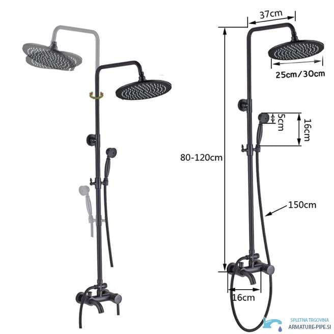 Misure del sistema doccia esterno EYN CKT2012: altezza 80–120 cm, soffione da 25 o 30 cm