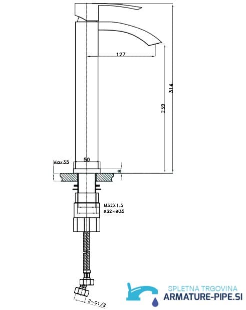 Disegno tecnico del miscelatore EYN 017 (314 mm, sporgenza 127 mm)