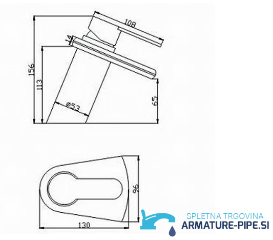 Disegno tecnico del rubinetto lavabo EYN 0359 (156 × 130 × 96 mm)