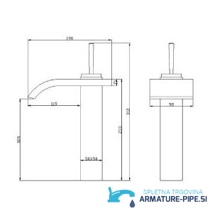 Disegno tecnico del rubinetto a cascata EYN0145, larghezza 170 mm e sporgenza 119 mm