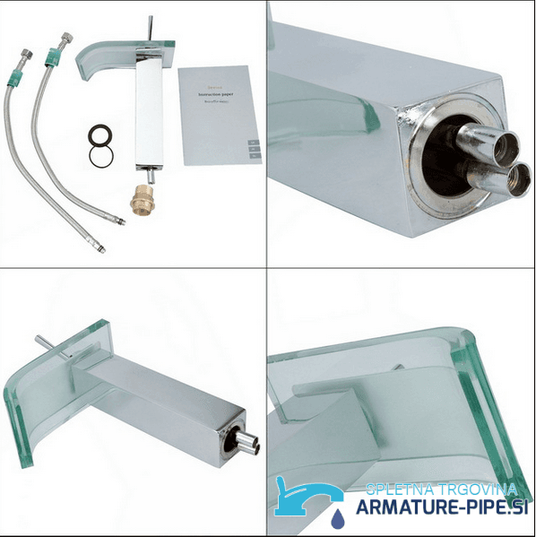 Rubinetto lavabo a cascata EYN0145 con raccordi, bocca in vetro e accessori