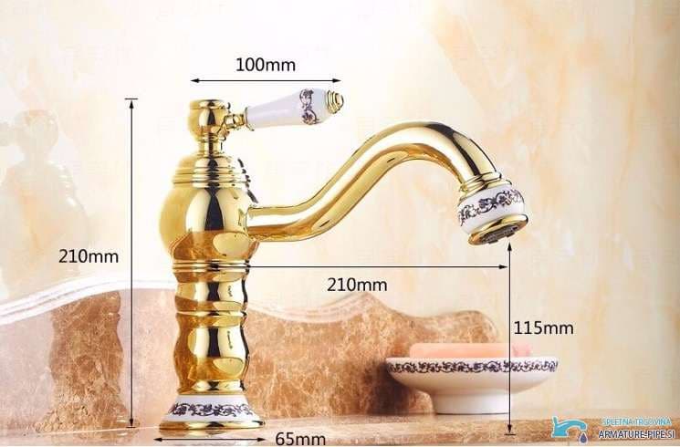 Disegno tecnico del rubinetto bagno dorato GB1523, altezza e sporgenza di 210 mm