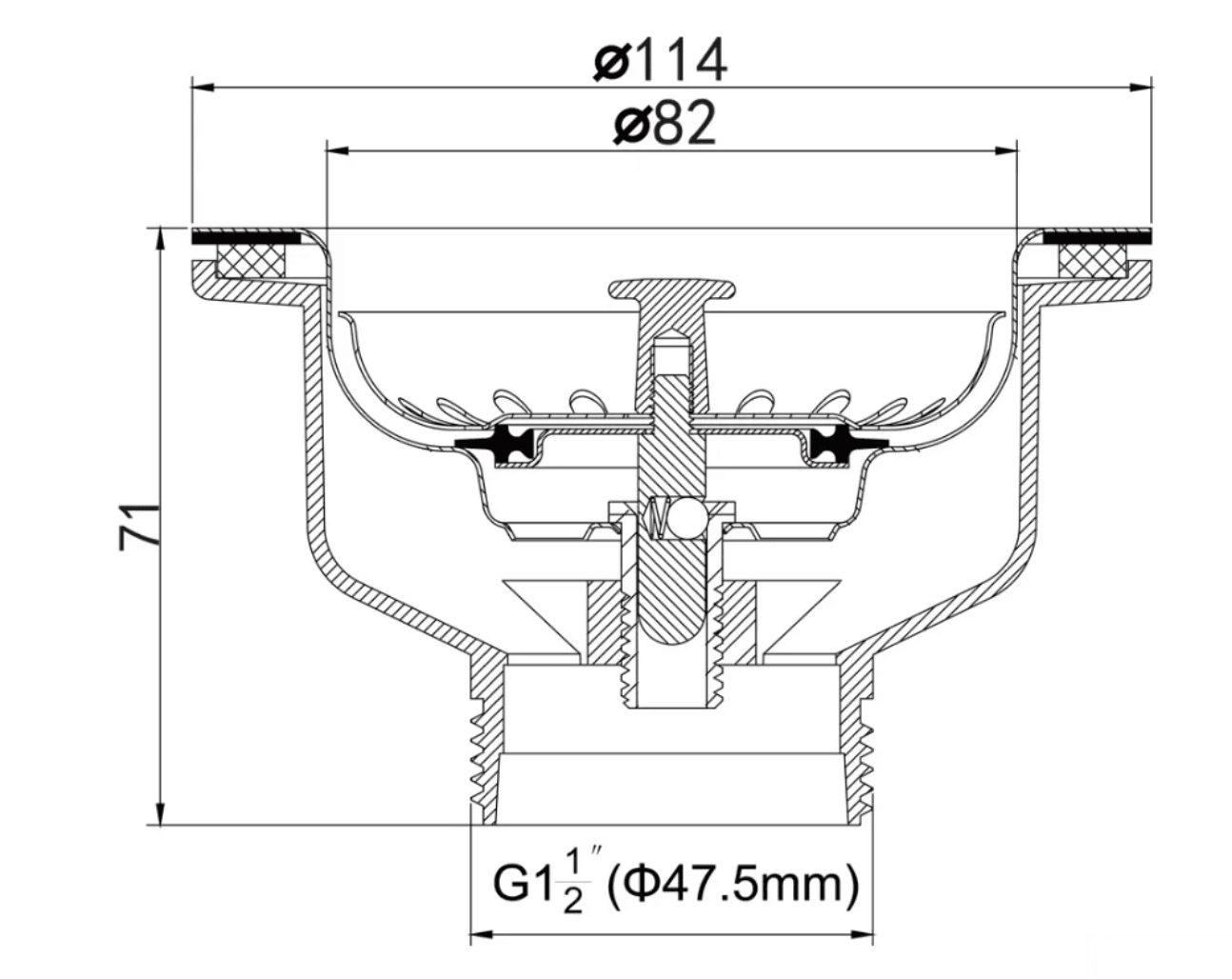 Disegno tecnico della piletta EYN GBP1504: Ø 114 mm, altezza 71 mm e G1½