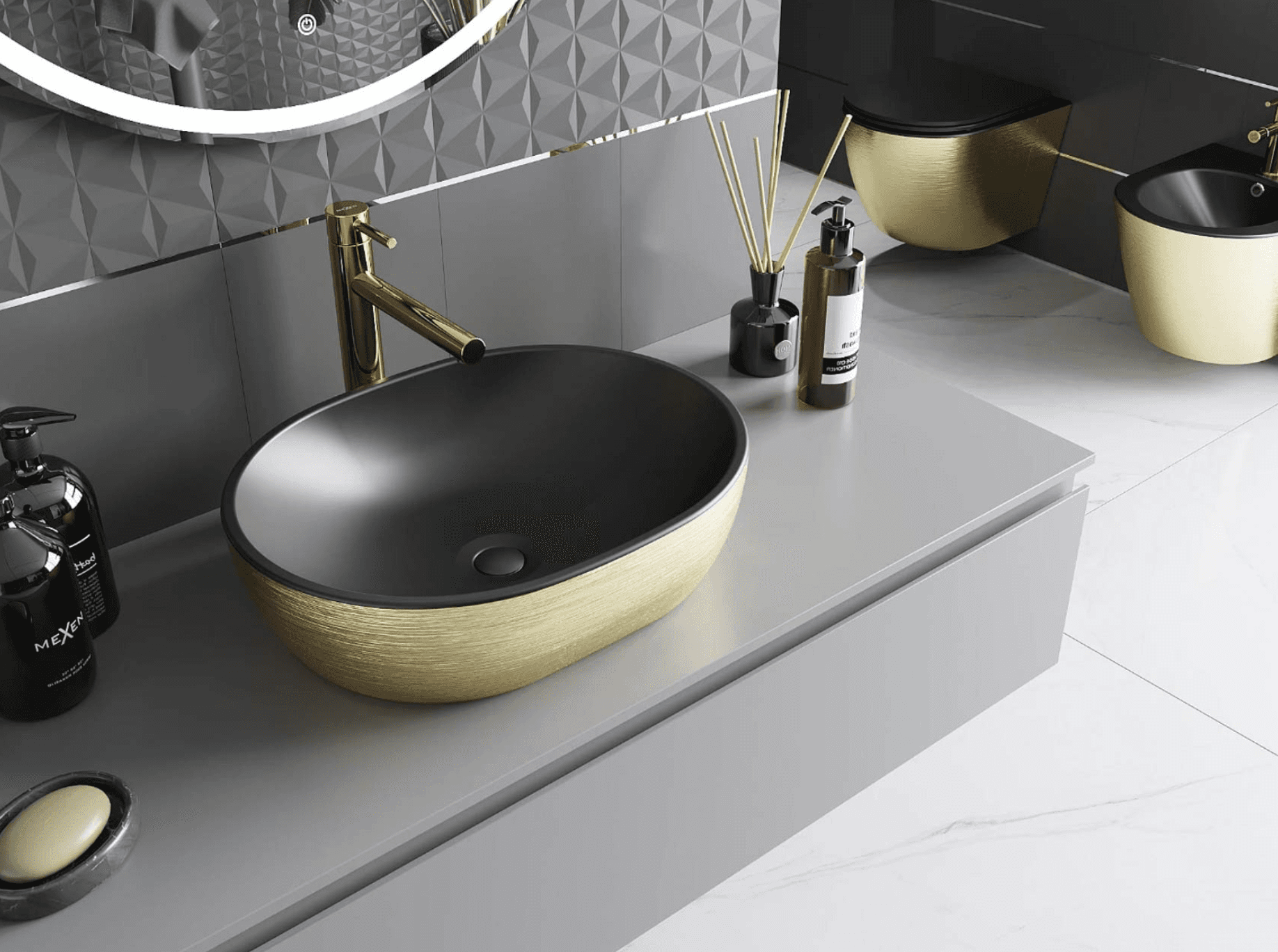 Lavabo da appoggio Deluxe GU1798 nero opaco e oro spazzolato