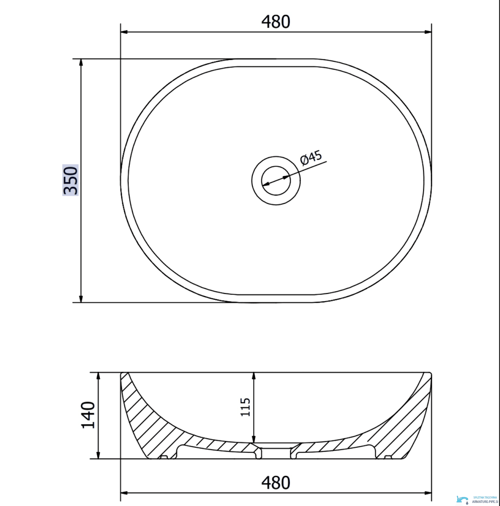 Disegno tecnico del lavabo GU1798 (480 × 350 × 140 mm, scarico Ø 45 mm)
