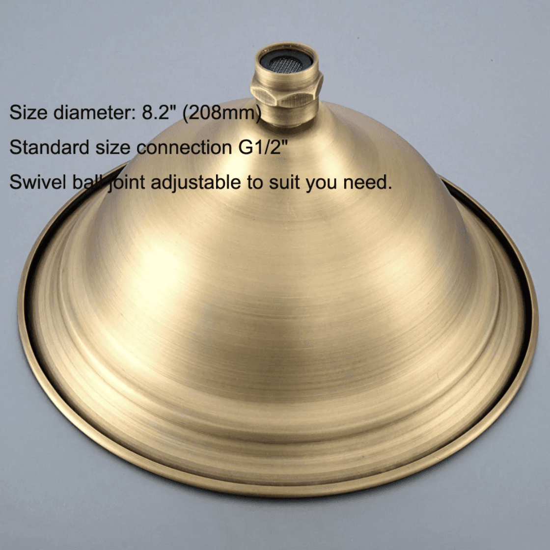 Specifiche soffione anticato GZA1720: diametro 208 mm, raccordo G1/2 e snodo sferico