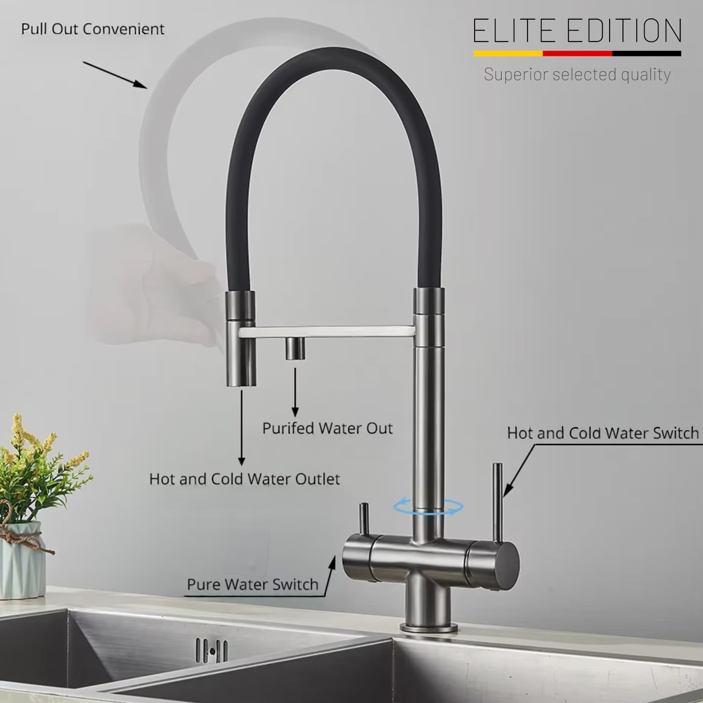 Funzioni del miscelatore filtrante da cucina Elite Edition KA1643 con due uscite d'acqua