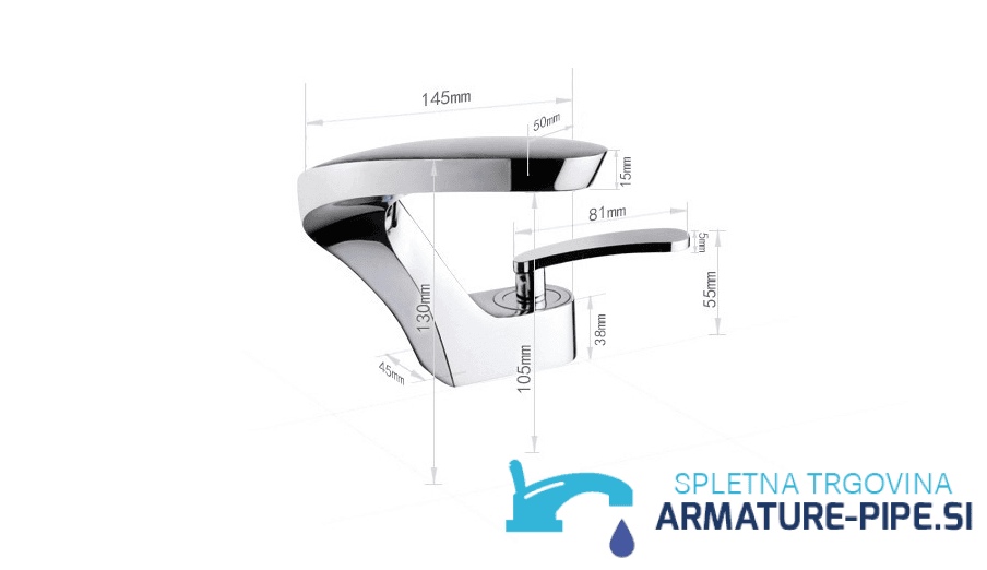 Disegno tecnico del rubinetto KA17318 con lunghezza di 145 mm e altezza di 130 mm