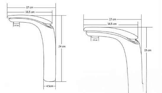 Disegno tecnico del rubinetto KAB6116 con altezze di 15 e 24 cm