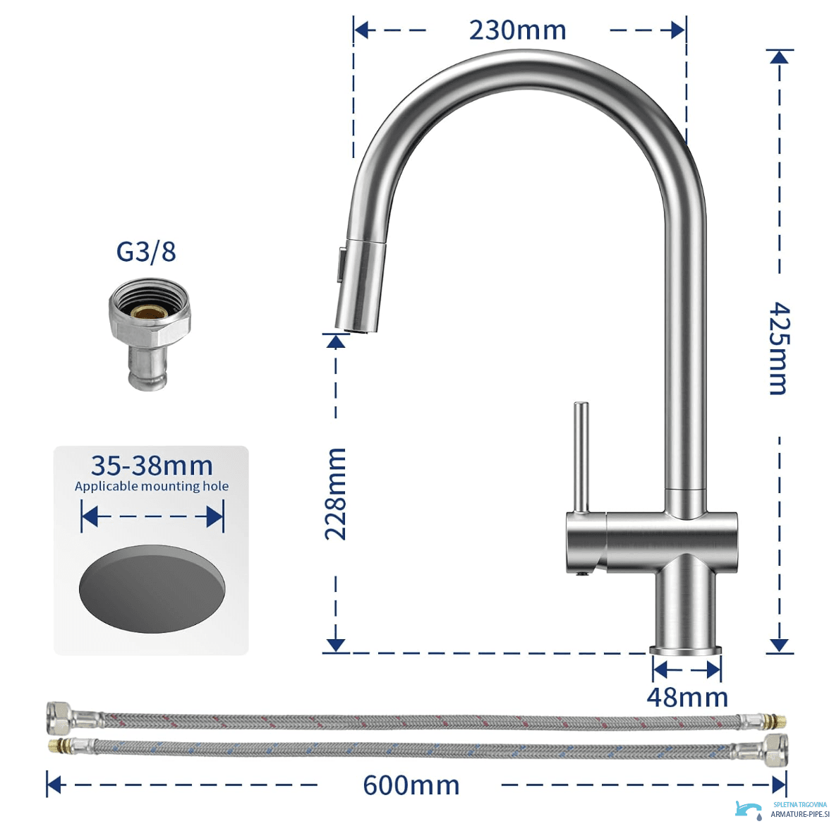 Specifiche KL1109: effetto acciaio inox, altezza 425 mm, attacco G3/8
