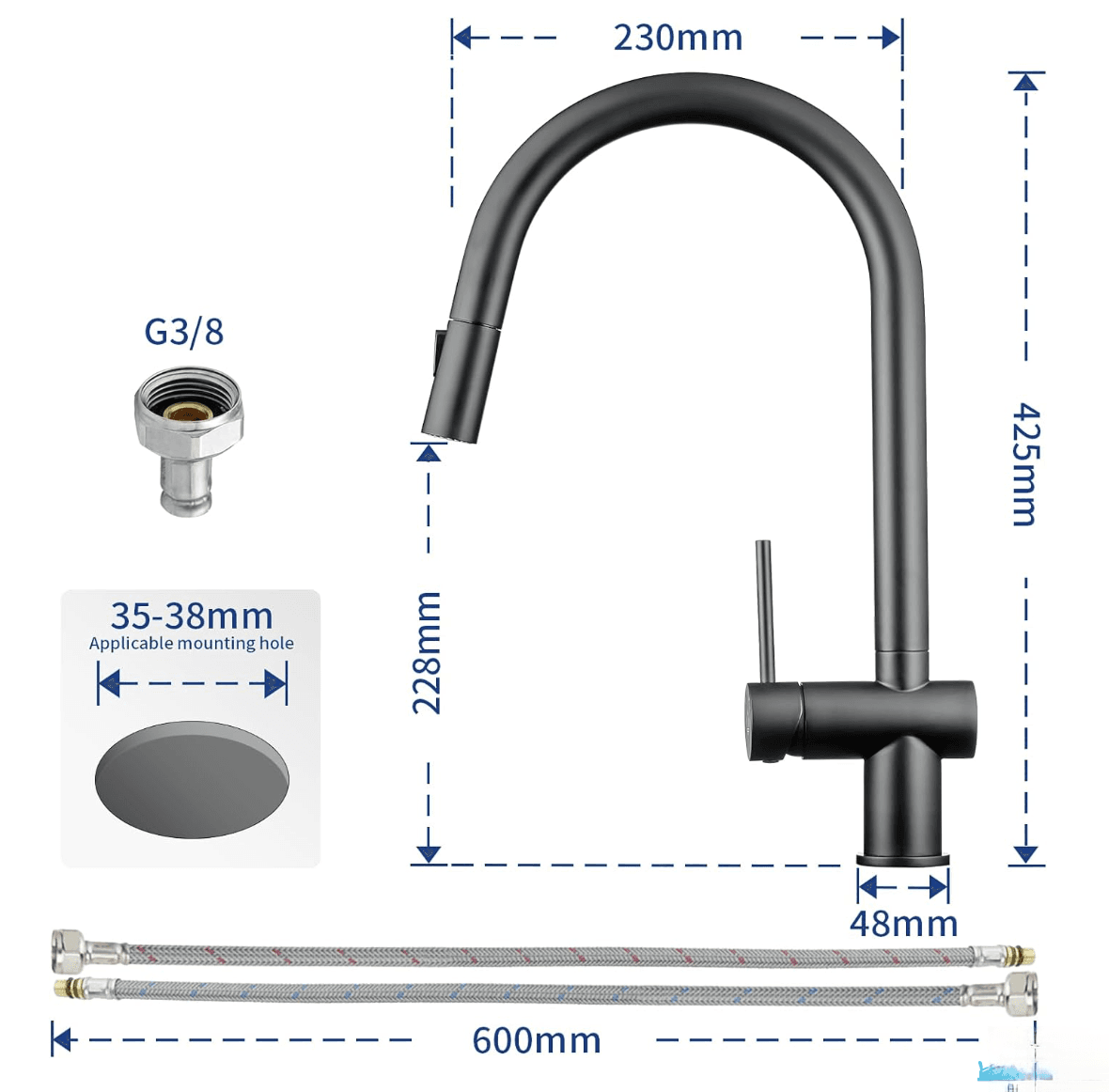 Specifiche KL1109: nero opaco, altezza 425 mm, attacco G3/8