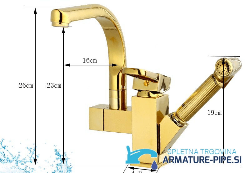 Disegno tecnico del miscelatore KZI1623 oro (altezza 26 cm, sporgenza 16 cm)