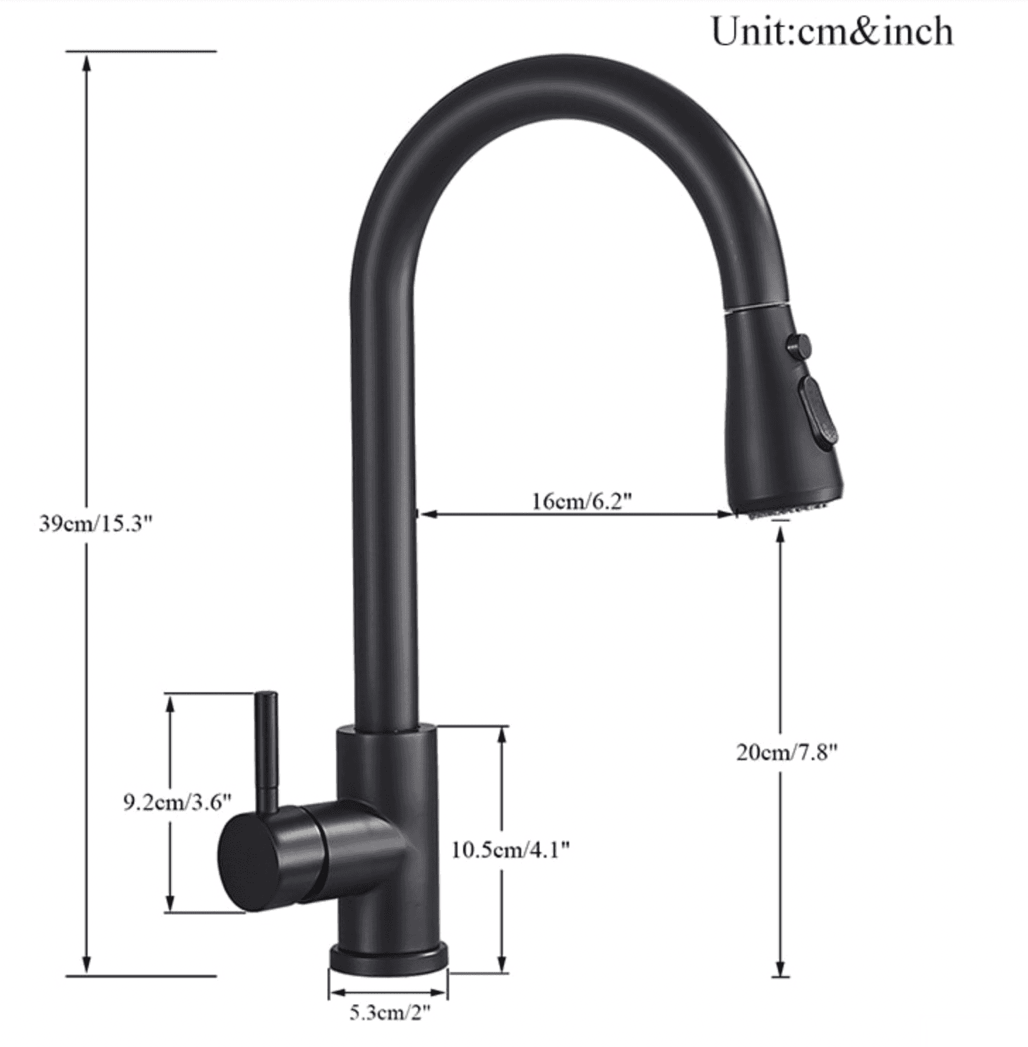 Disegno tecnico del miscelatore KZI6168 estraibile, alto 39 cm e profondo 16 cm