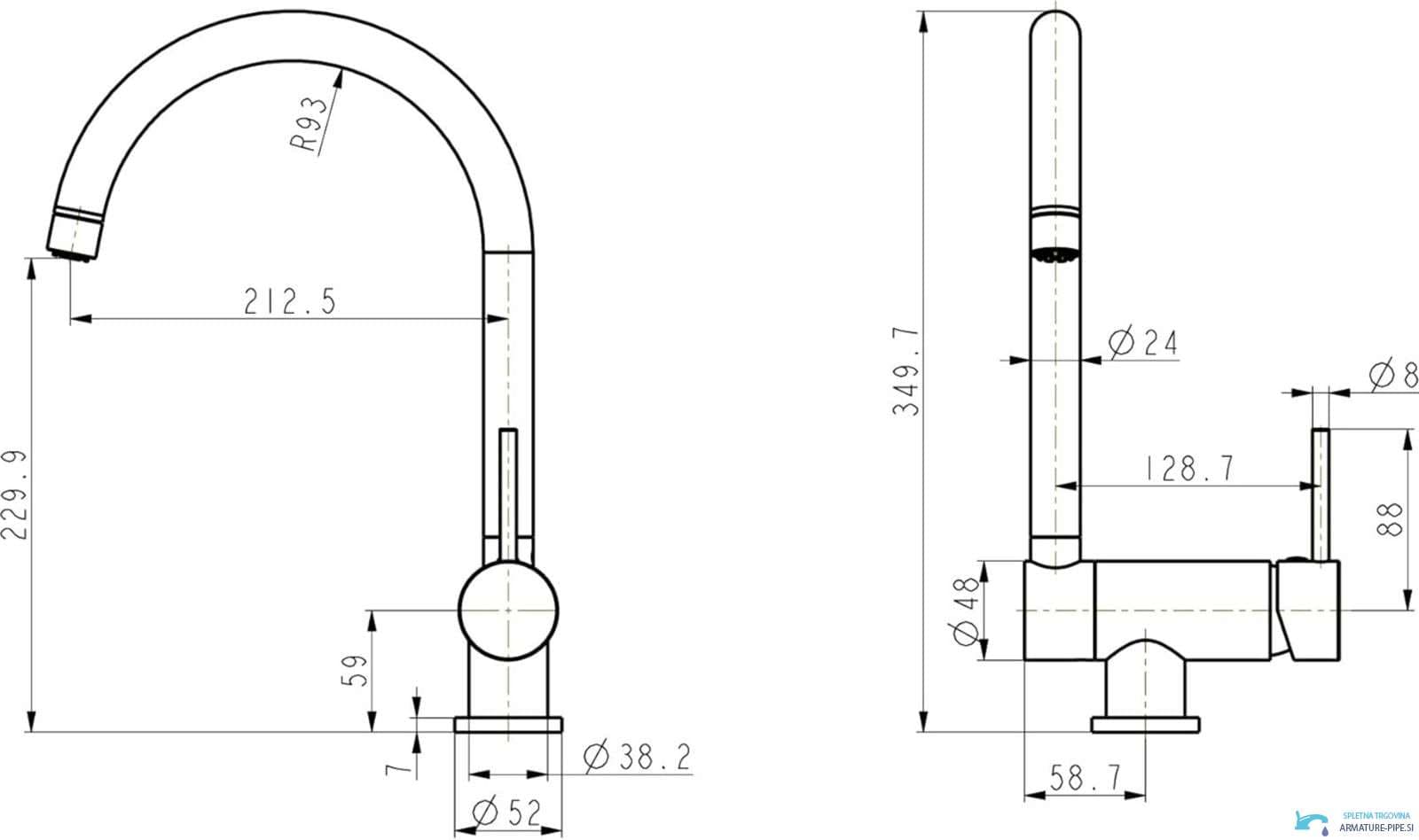 Disegno tecnico del miscelatore abbattibile a bassa pressione NT1141, altezza 349,7 mm, sporgenza 212,5 mm