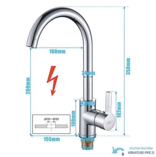 Disegno tecnico del miscelatore EYN NT1220 (altezza 350 mm, sporgenza 160 mm)
