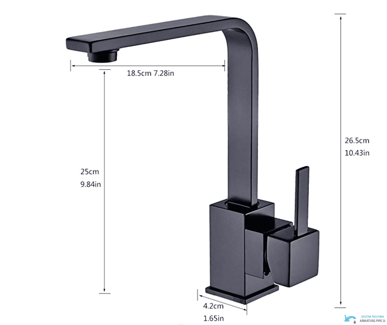 Dimensioni del miscelatore EYN NT1252: altezza 26,5 cm e profondità bocca 18,5 cm