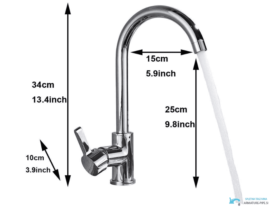 Dimensioni del rubinetto a bassa pressione NT1311 cromato: altezza 34 cm e profondità 15 cm