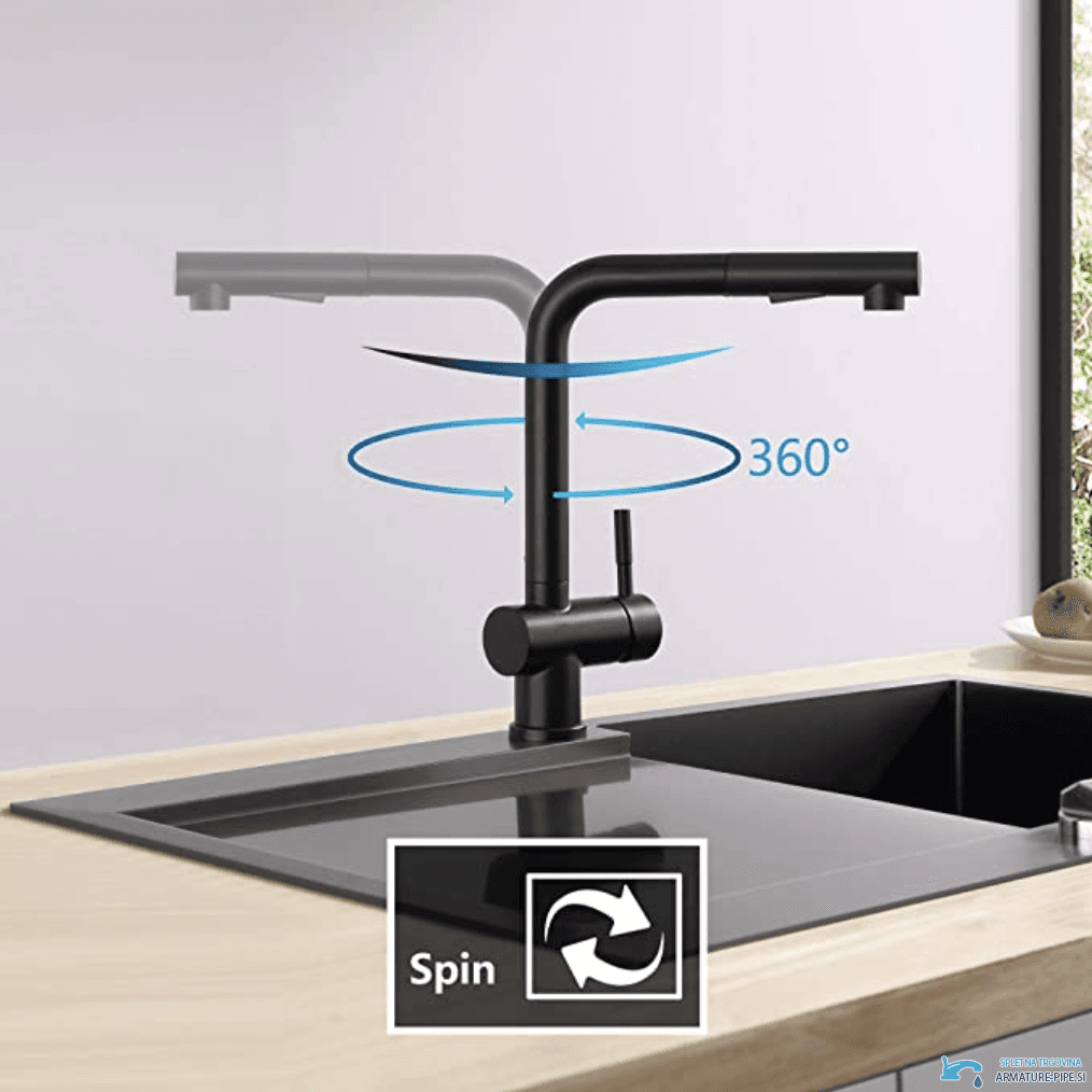 Miscelatore cucina nero EYN NT1344 con bocca girevole a 360 gradi