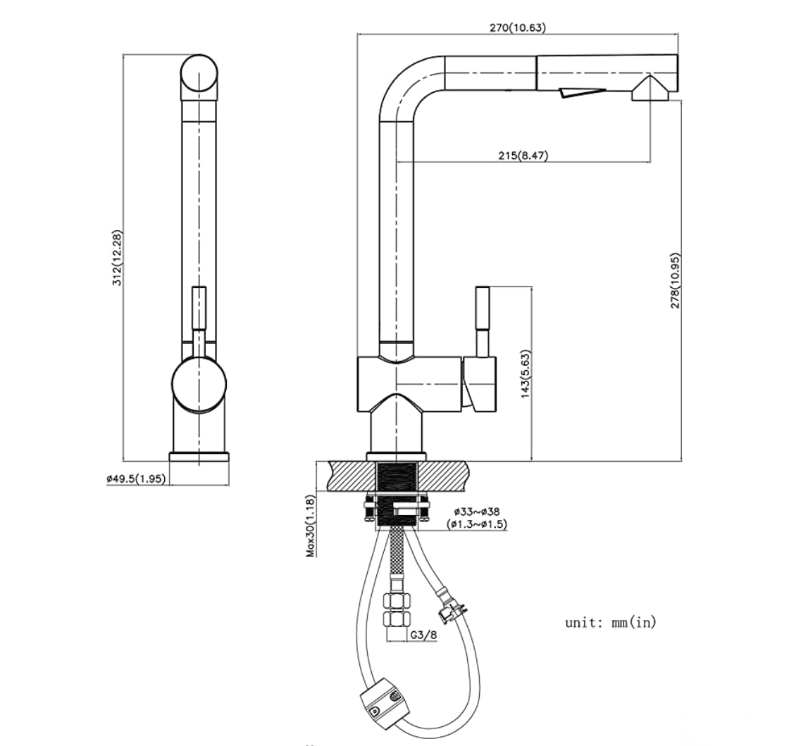 Disegno tecnico del miscelatore EYN NT1344 con sporgenza di 270 mm e attacco G3/8