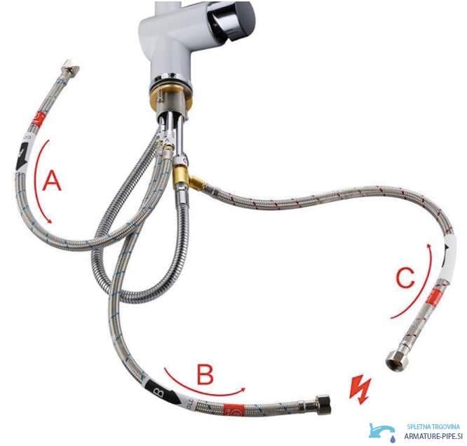 Anschlüsse der Niederdruck-Küchenarmatur NT1602 mit drei flexiblen Schläuchen A, B und C