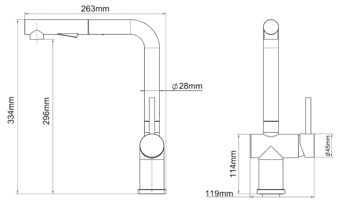 Disegno del rubinetto NTB2003 (334 × 263 mm, Ø 28 mm)