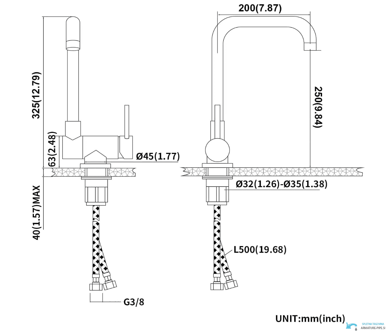 Disegno tecnico del miscelatore cucina PA13536 (325 × 200 mm, raccordi G3/8)