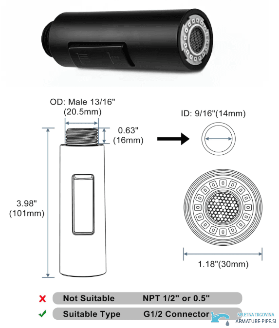 Disegno tecnico della testina spray PKF1422 per rubinetto da cucina (101 × 30 mm, G1/2)