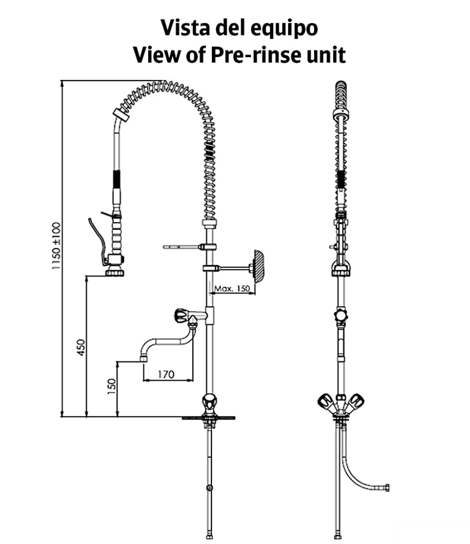 Disegno tecnico del rubinetto PRO1337 (1150 ± 100 mm, sporgenza 170 mm)