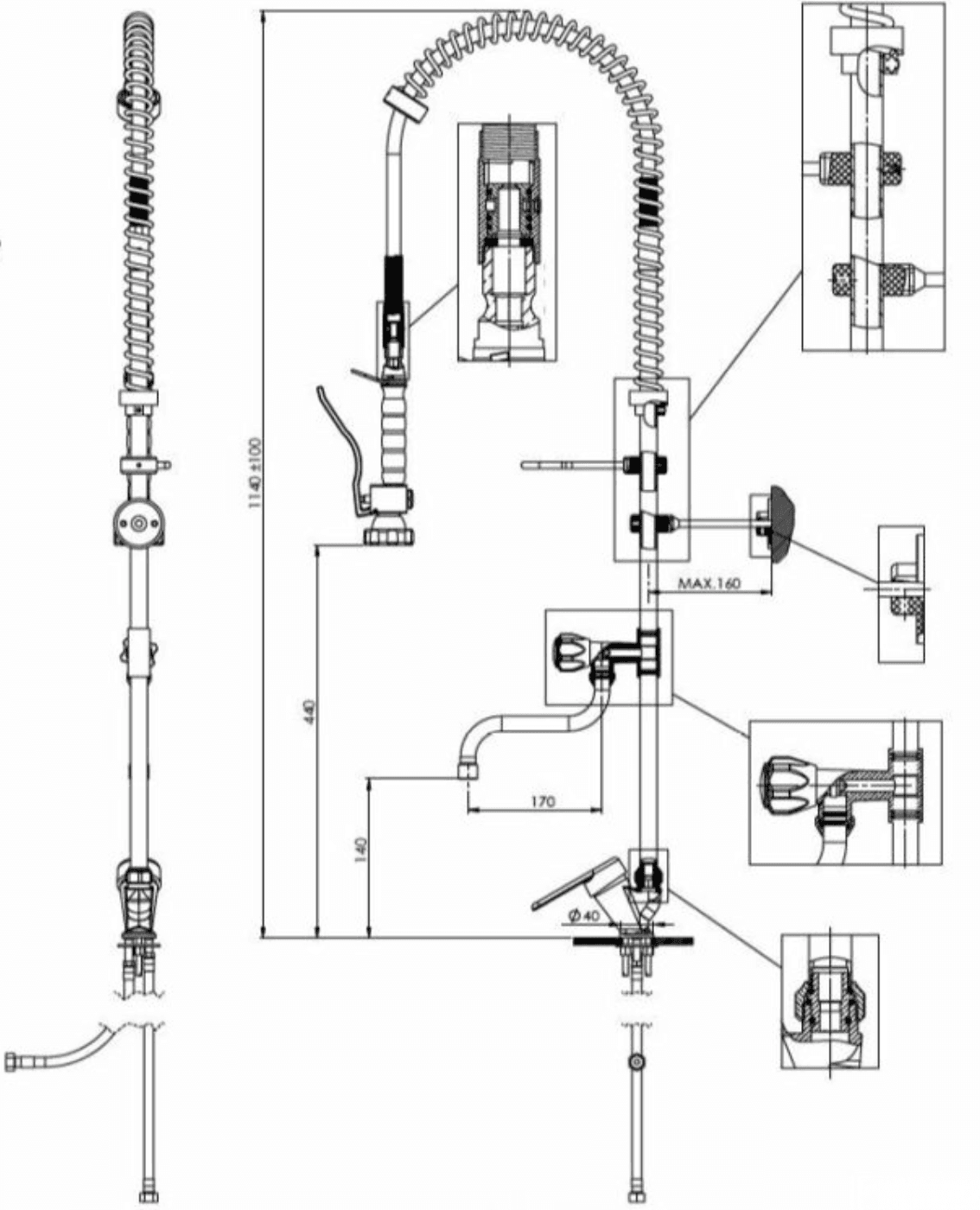 Disegno tecnico del rubinetto EYN PRO1425 per stazione di lavaggio, altezza 1140 ± 100 mm